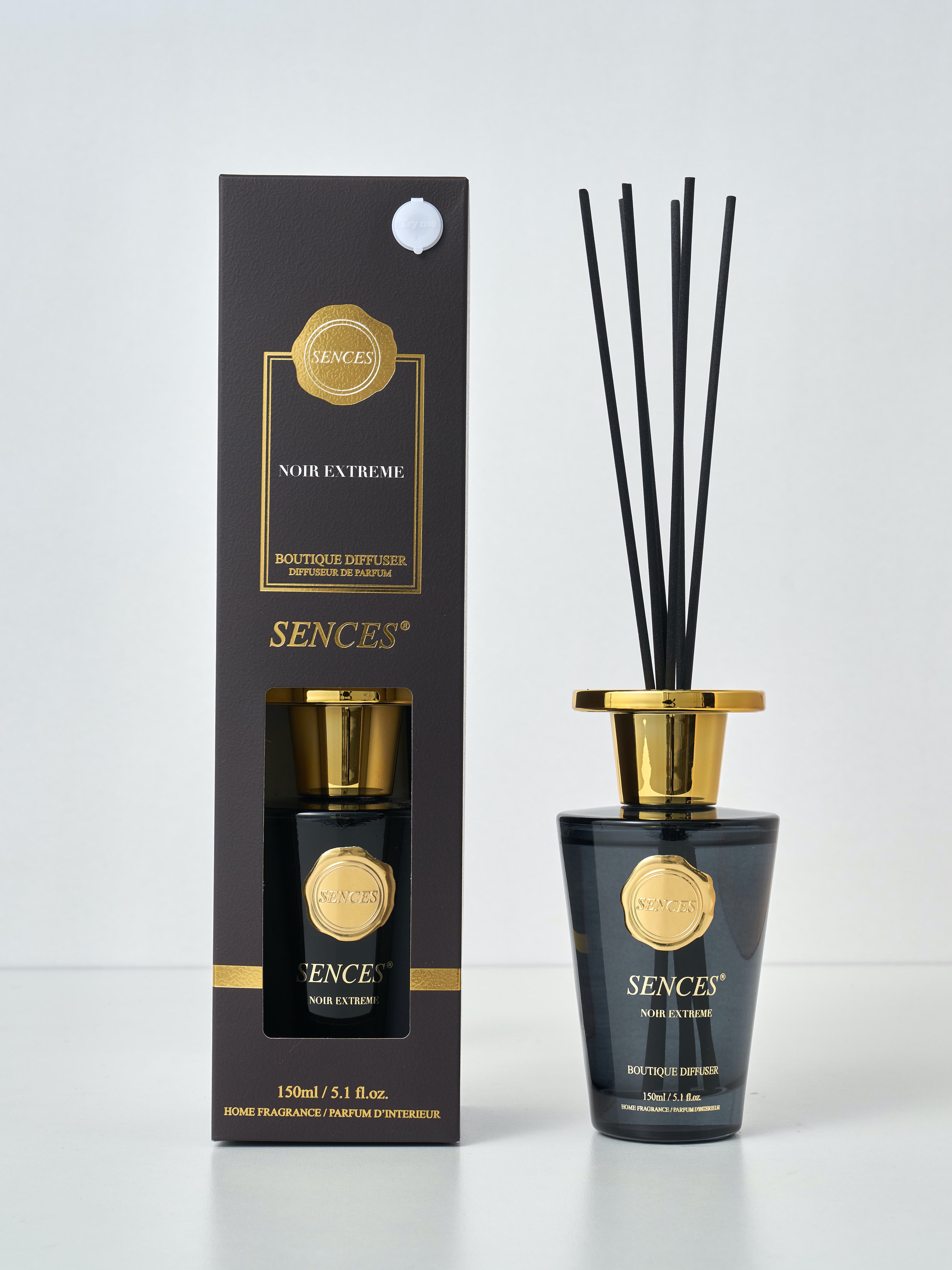 Sences Noir Extreme black and gold diffuser bottle and packaging on a white background