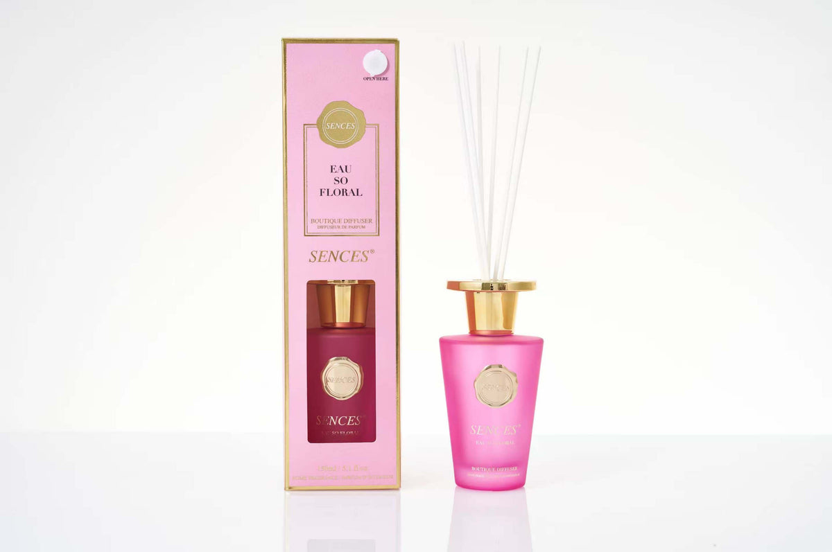 Sences Eau So Floral reed diffuser in pink and gold packaging on a white background