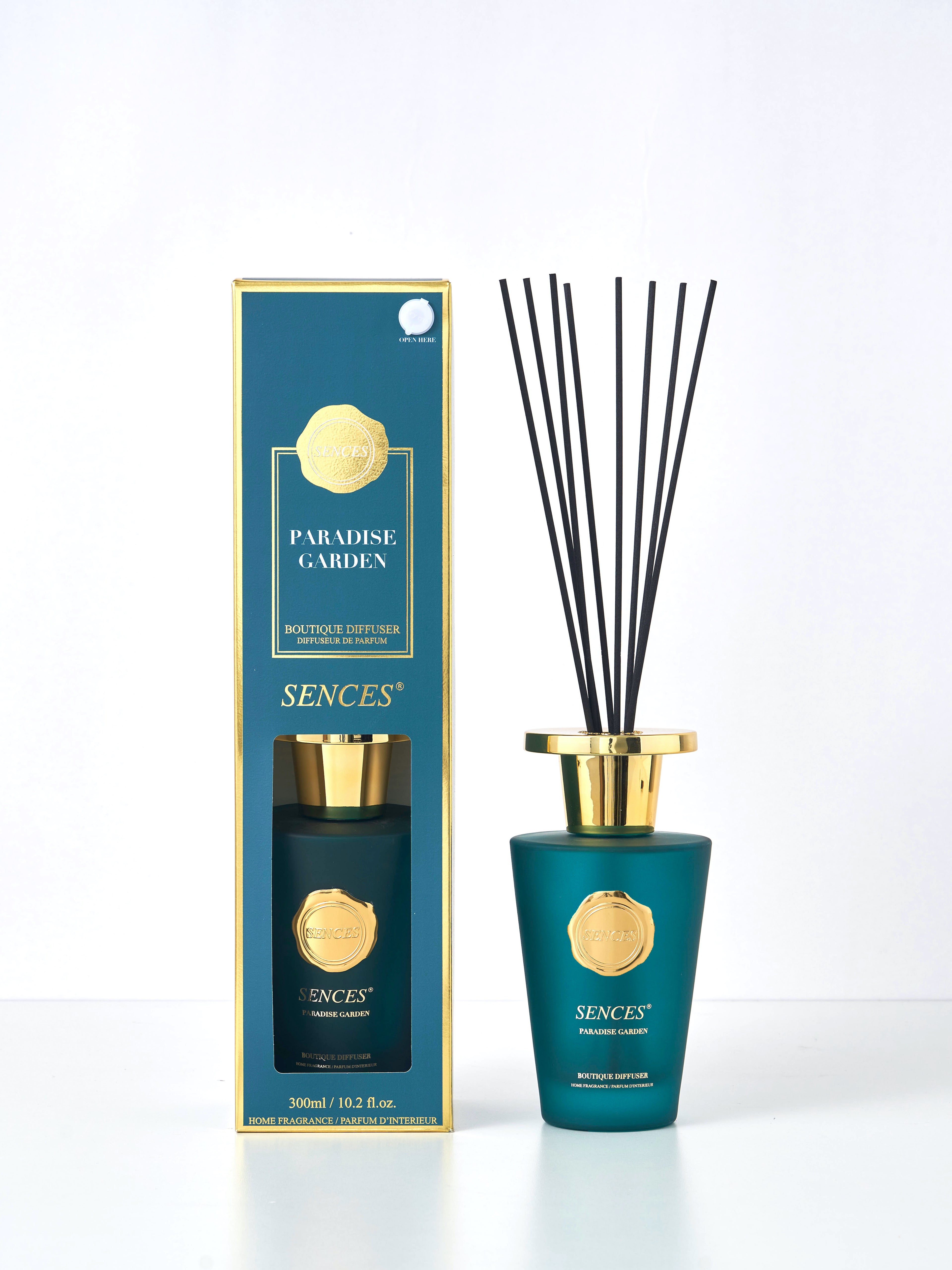 Sences reed diffuser frosted deep green glass bottle with gold accents on a white background