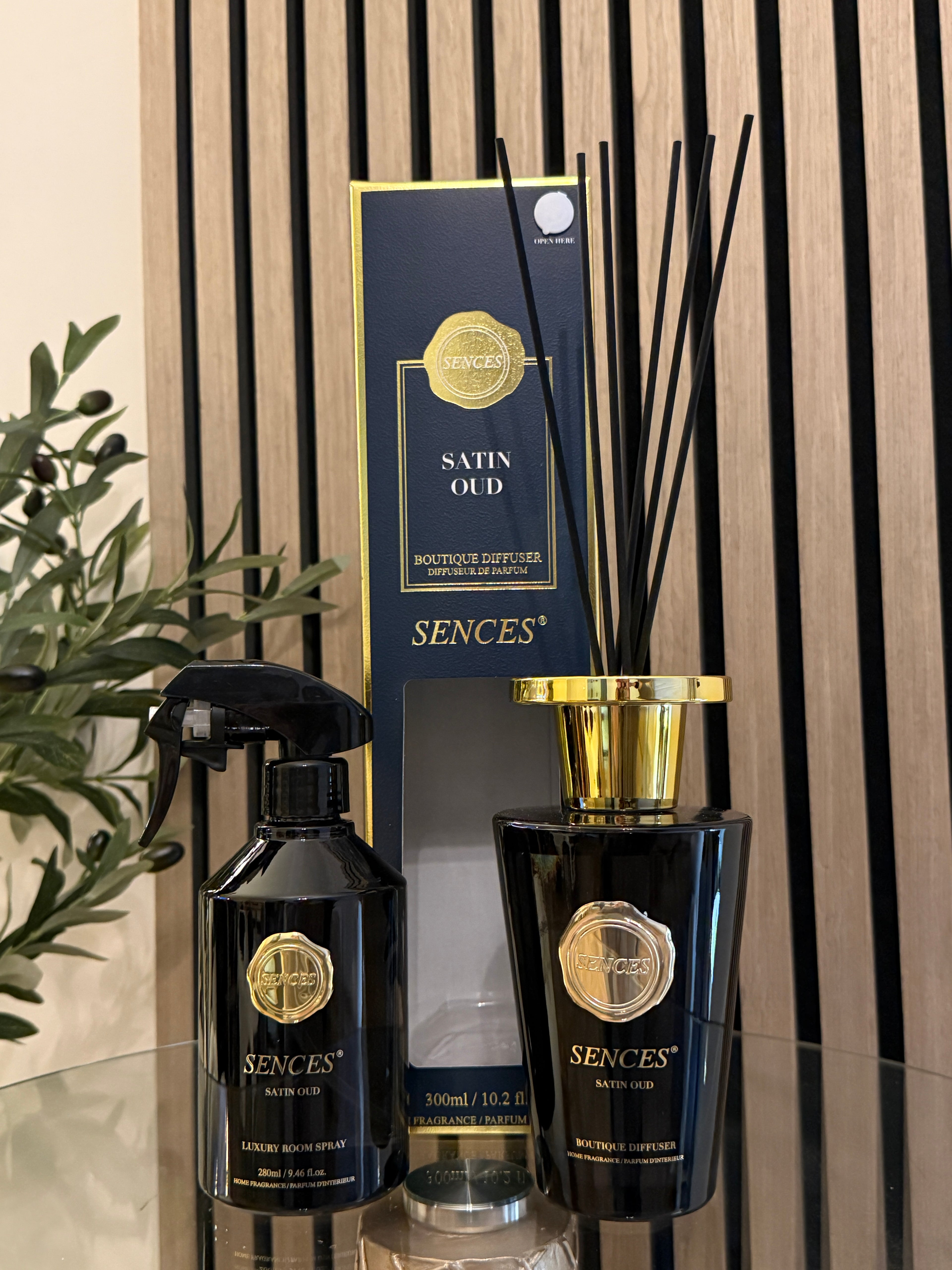 Sences Satin Oud 300ml Diffuser & 280ml Luxury Room Spray Bundle
